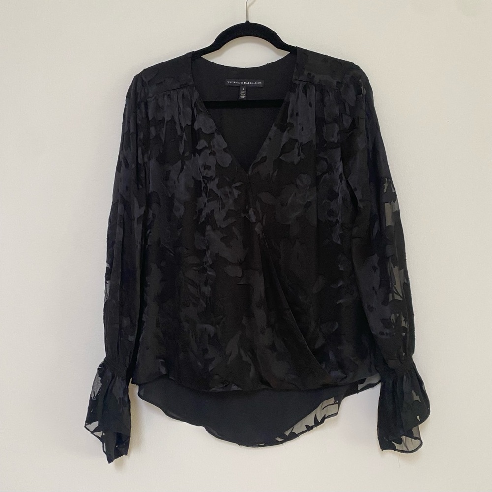 WHBM Floral Faux Wrap Floral Sheer Sleeve Blouse 8 Black